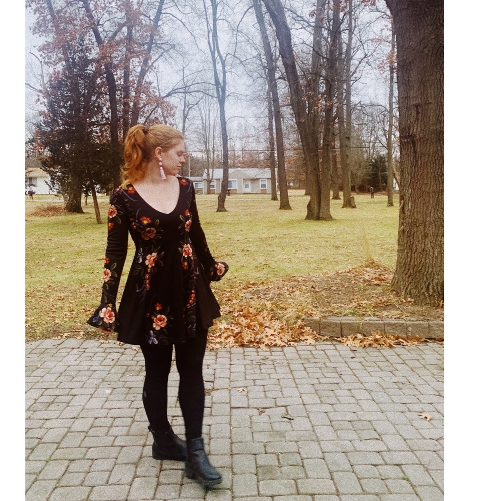 Free People Black Floral Mini Long Sleeve Dress